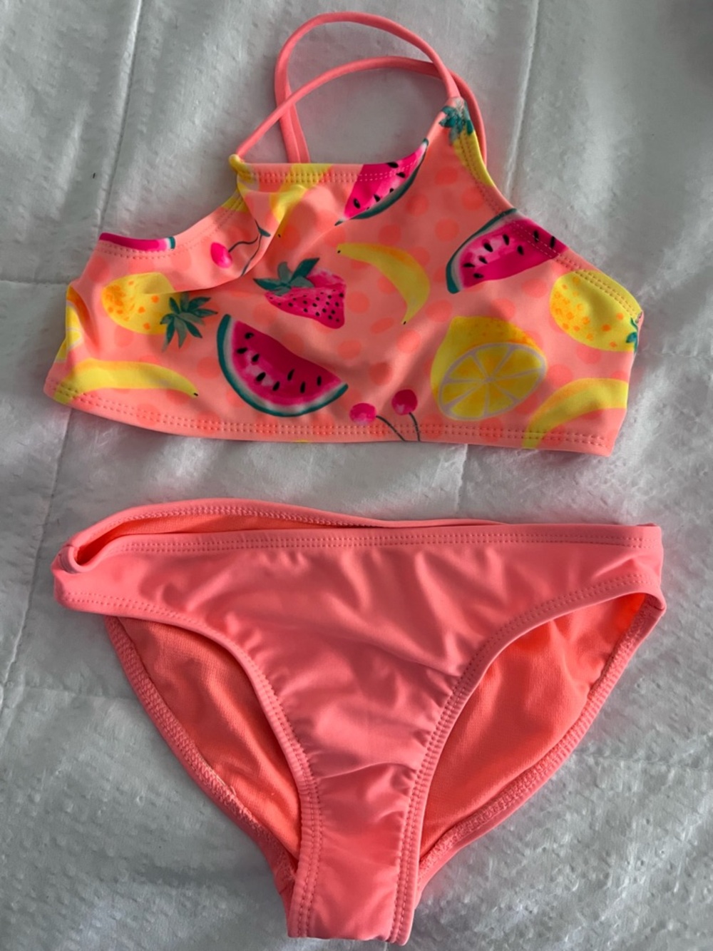wonder nation Girls Neon Coral Fruit Print Bikini Set